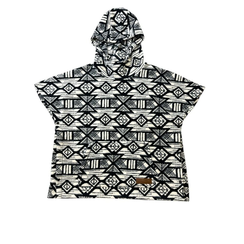 KAVU Fleece Poncho Hoodie Short Sleeve Black White Geometric Print Sz L